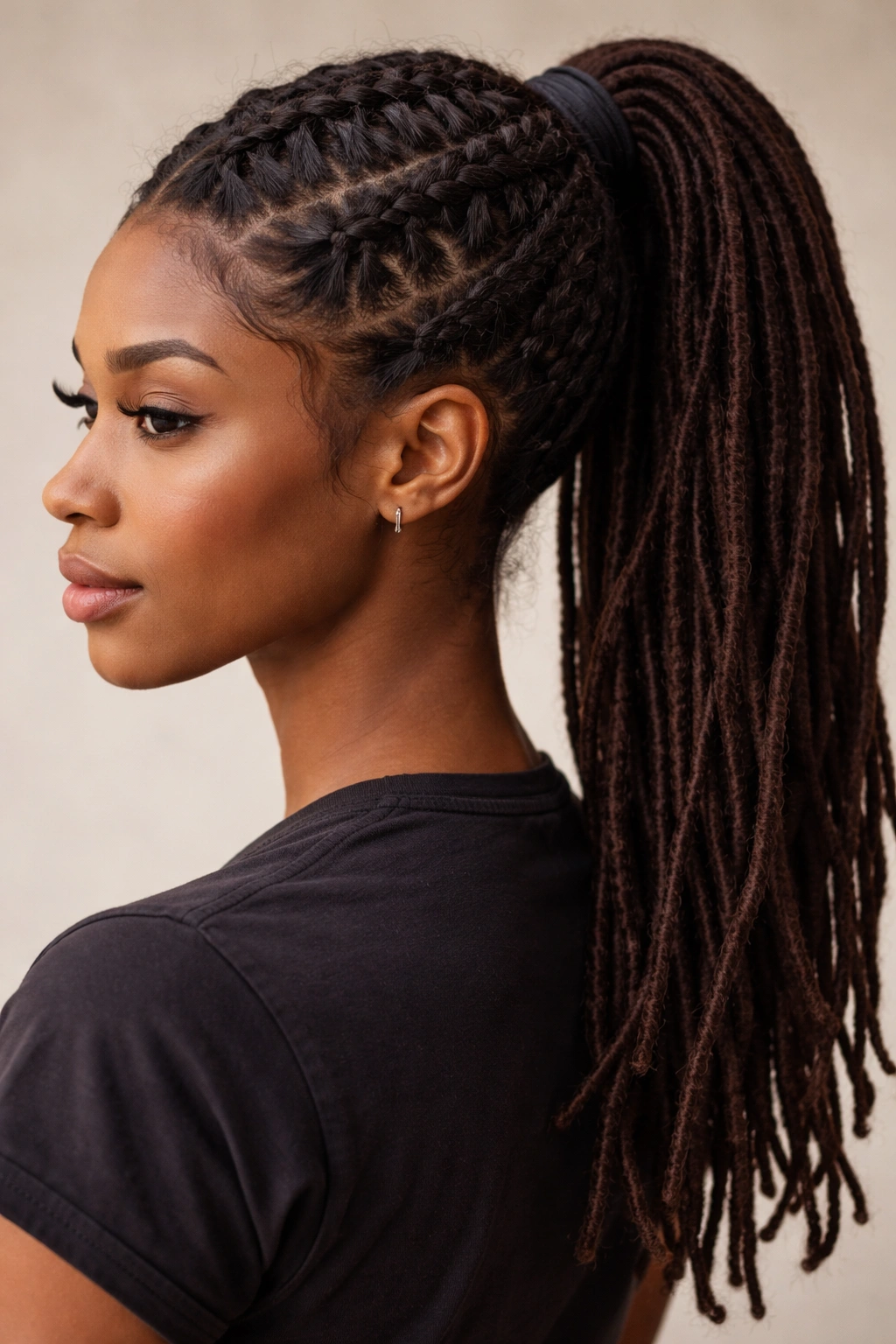 Raised 3D Dutch braid flowing into a high ponytail on locs