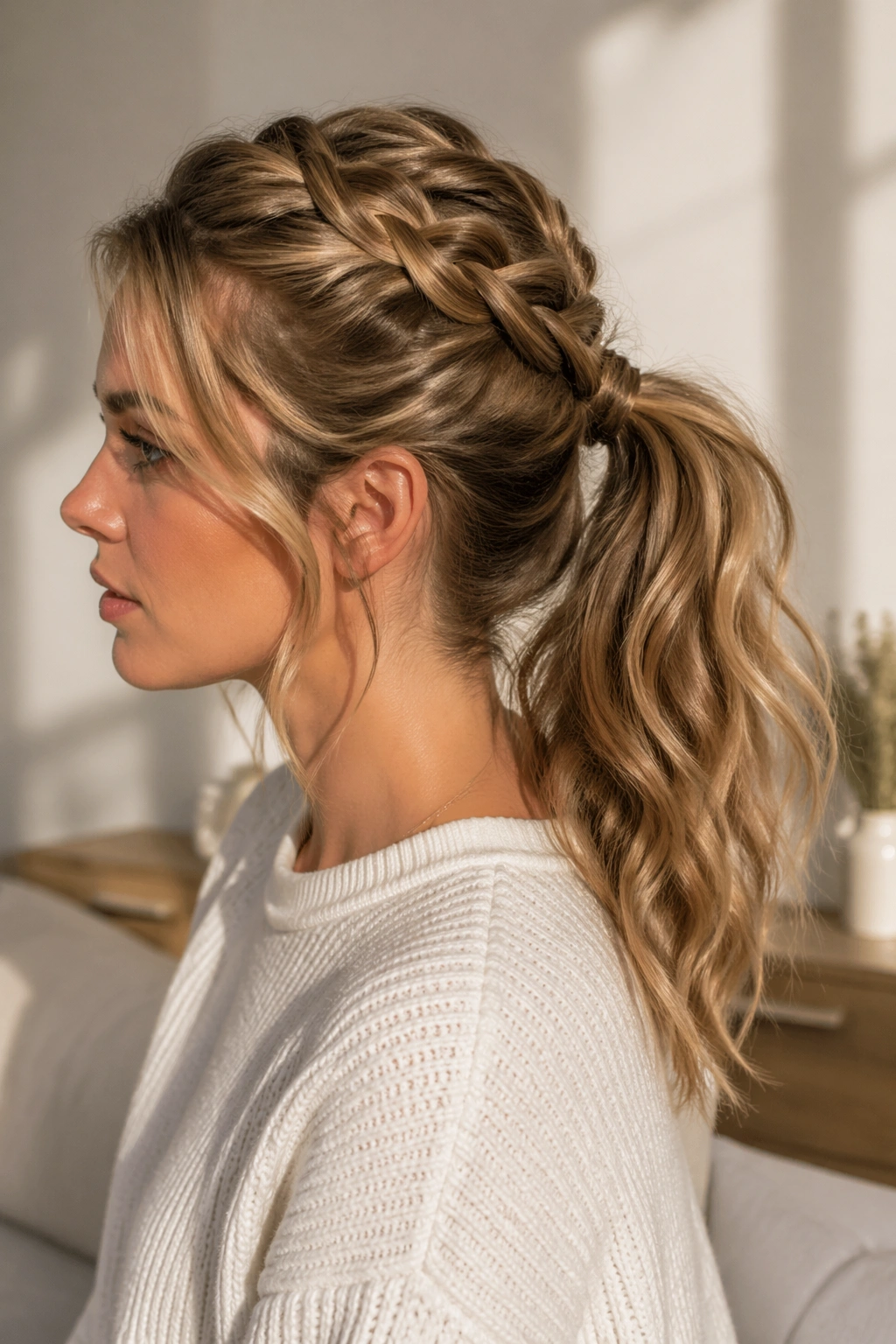 Close-up of a real woman with a Dutch braid leading into a ponytail