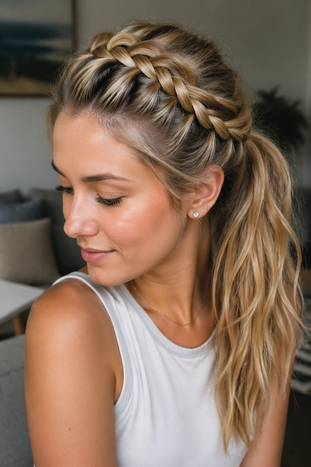 Close-up of a woman with a Dutch-braid ponytail showing the under-braid texture