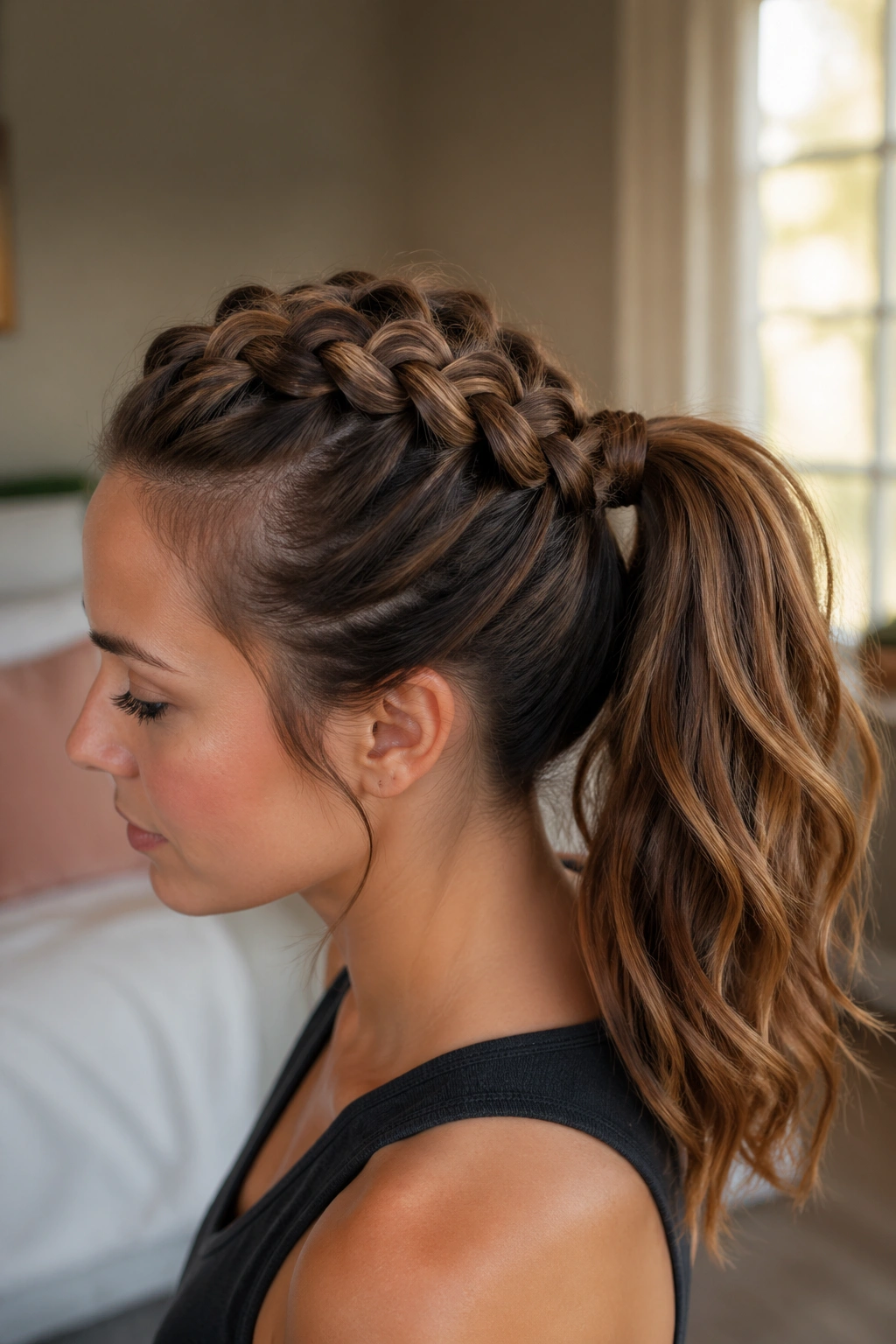 Close-up of a real woman with a Dutch braid flowing into a ponytail