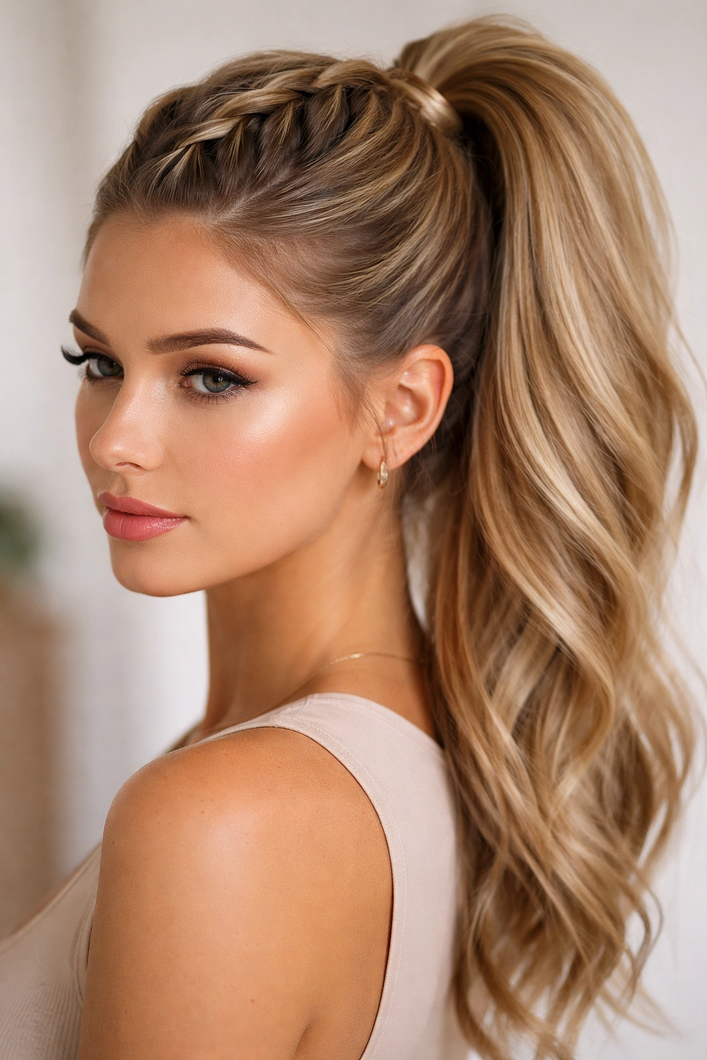Close-up of a raised crown Dutch braid feeding into a high ponytail with smooth texture