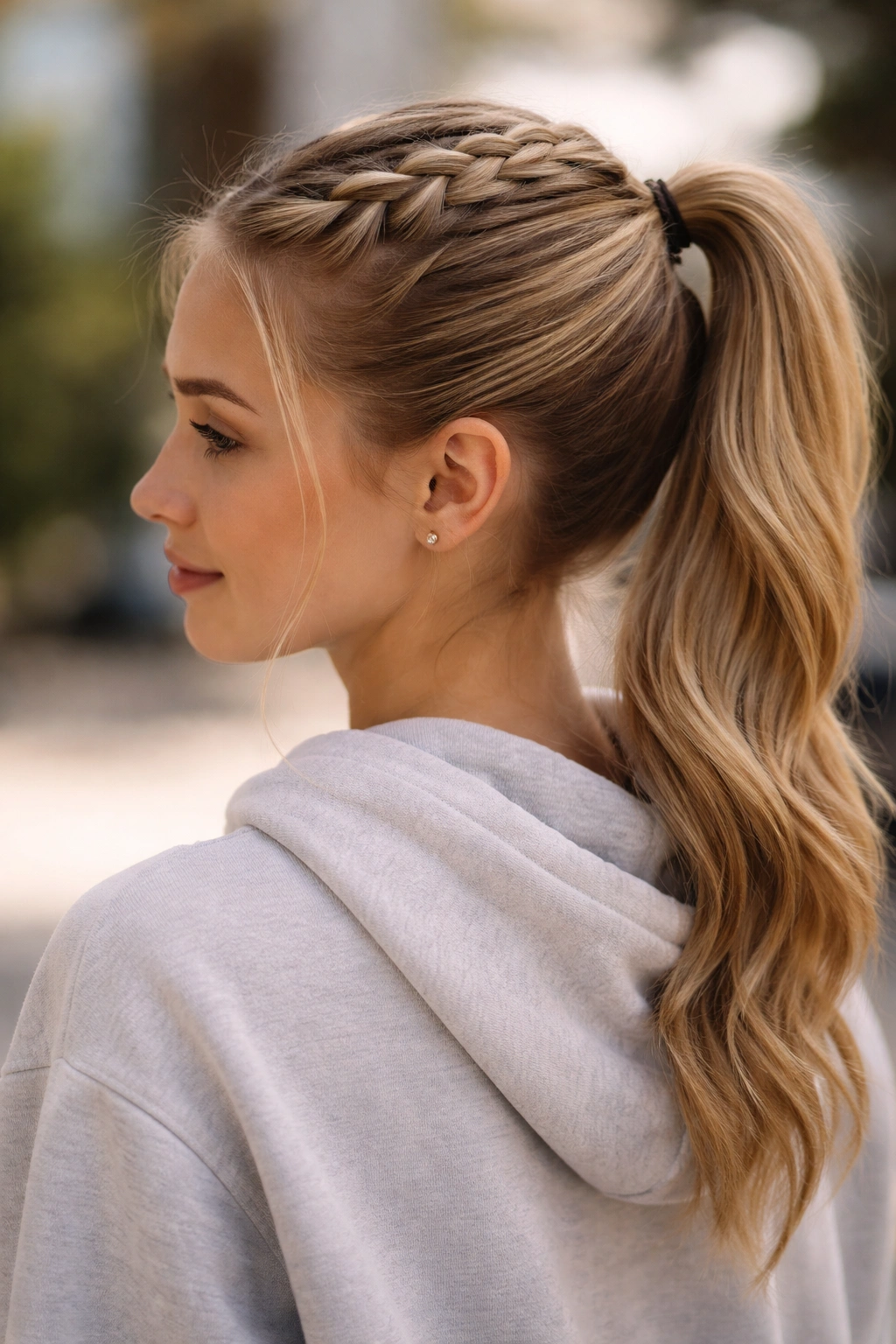 Dutch braid transitioning into a ponytail at crown.