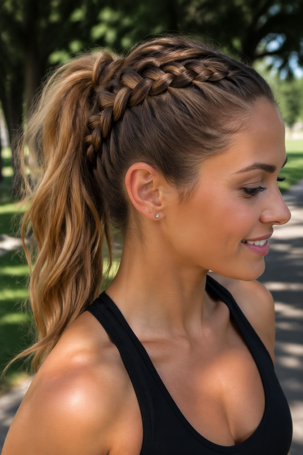Close-up of Dutch braid ponytail on real person with depth and edge