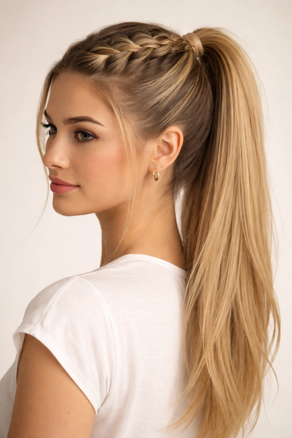Front-start Dutch braid leading into a half-up ponytail