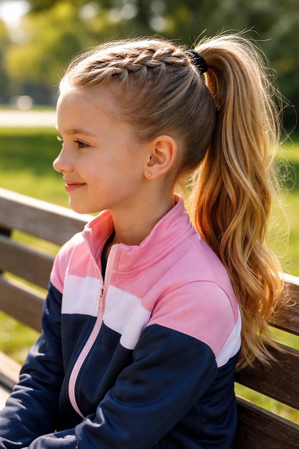 Side profile of Dutch-braid high ponytail on child outdoors