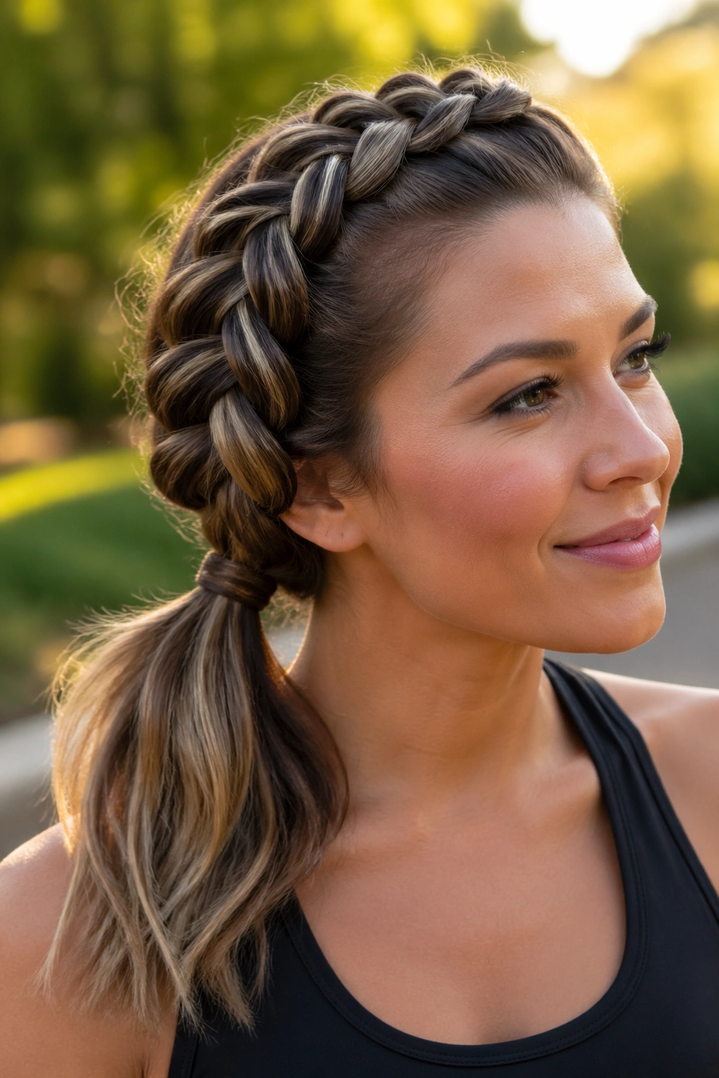 Portrait of a woman with a Dutch braid coiling to one side into a ponytail