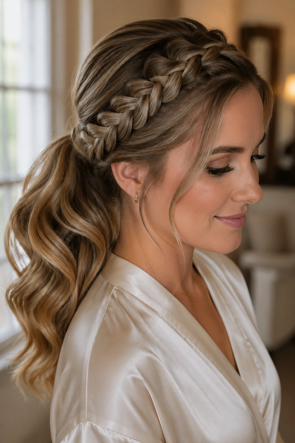 Close-up of a real woman's head featuring a Dutch braid at the hairline flowing into a loose waved ponytail in bridal lighting