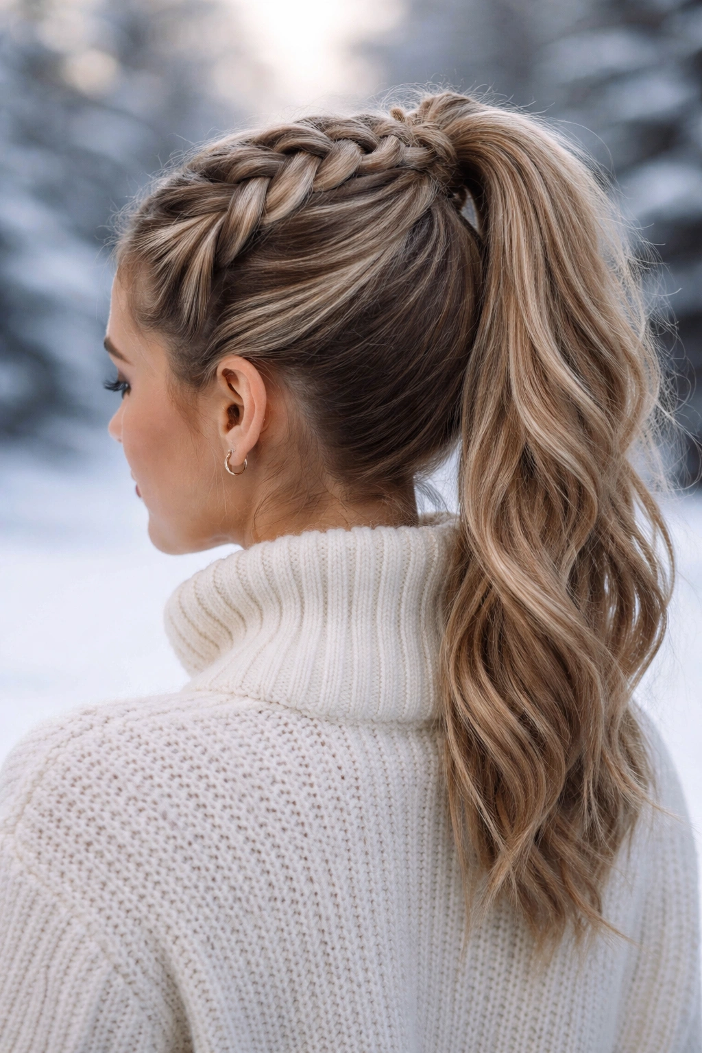 Close-up of a model's head showing a Dutch braid on top forming a ponytail with winter lighting