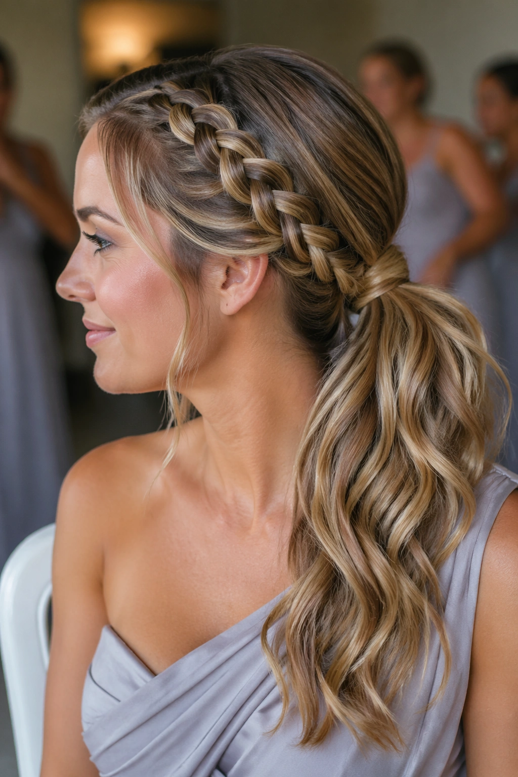 Close-up of a real bridesmaid with Dutch braid accent toward the ponytail in a wedding prep room.