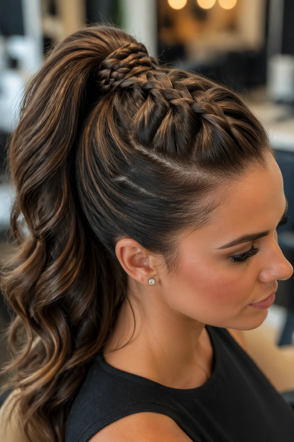 Close-up of a real woman showing a Dutch Braid Ponytail With a Braided Base Wrap in a warm salon setting