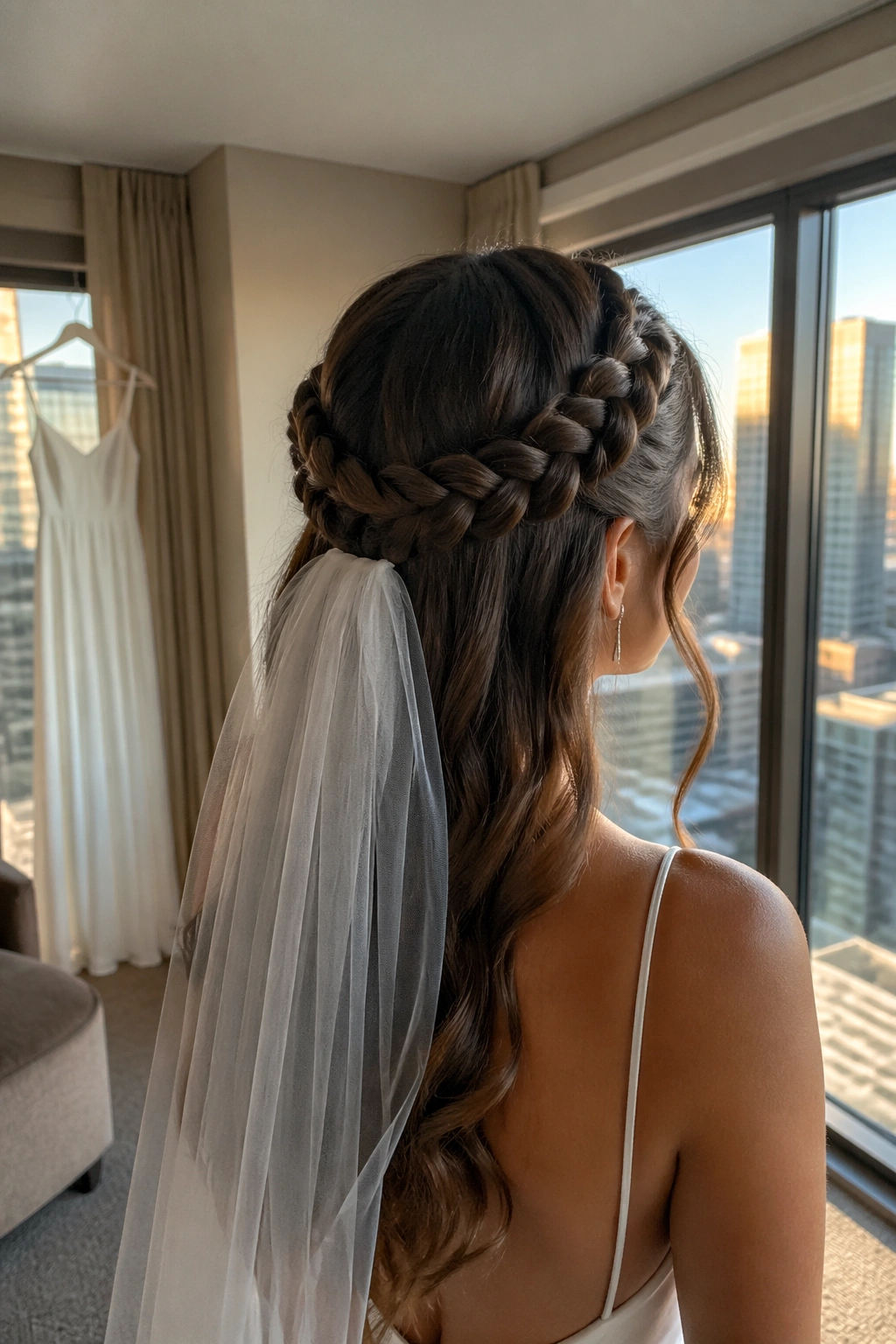 Two Dutch braids crown brunette with soft ends.
