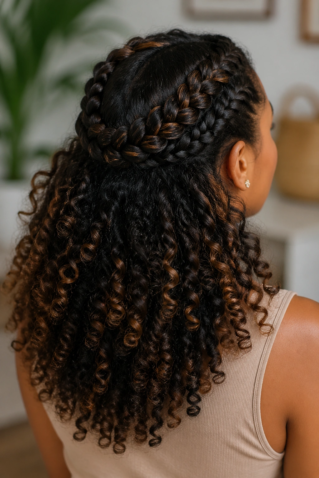 Three-quarter rear view of a real person displaying a Dutch braid crown and full curls.