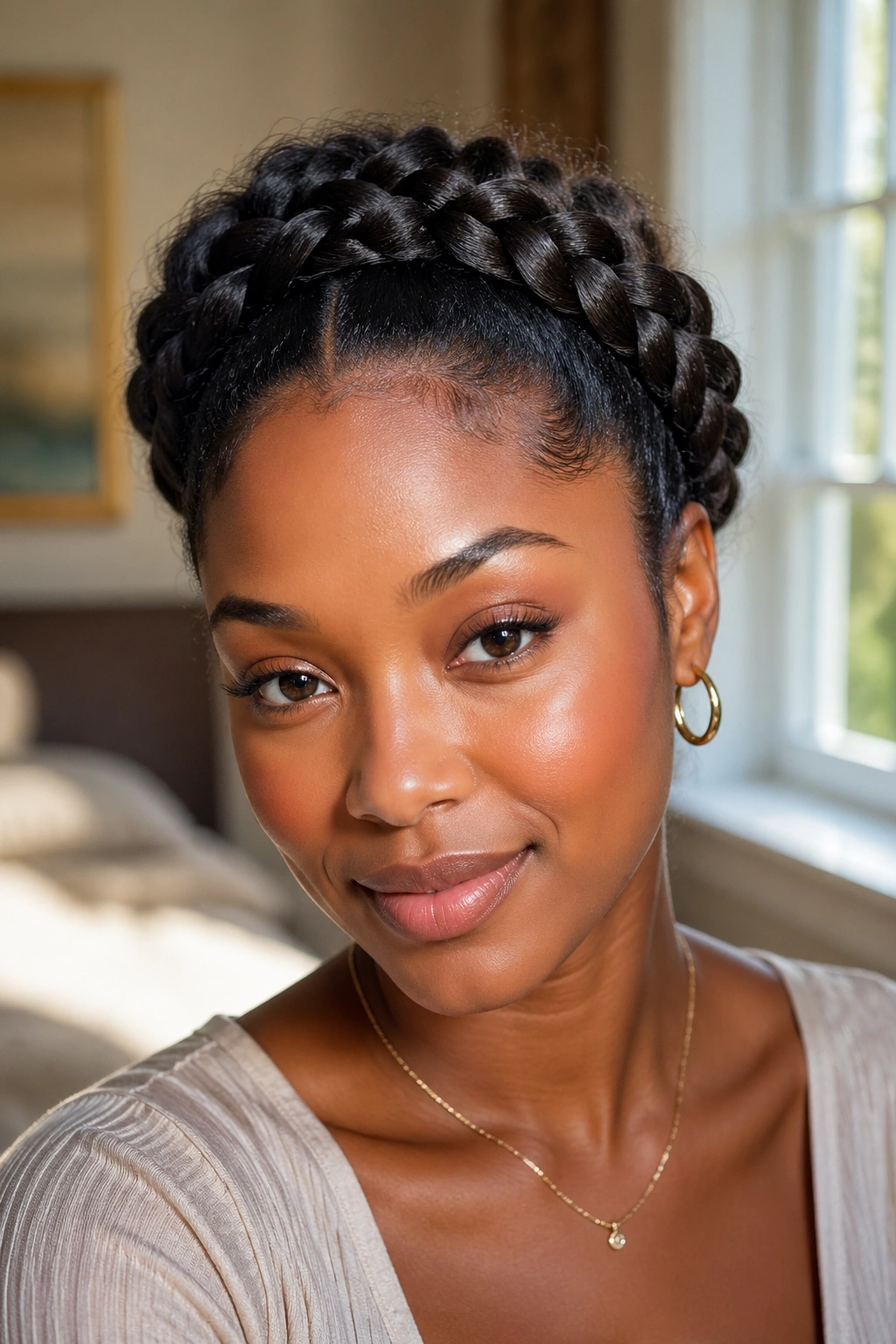 Close-up of real woman wearing two Dutch braids pinned into a crown with natural light
