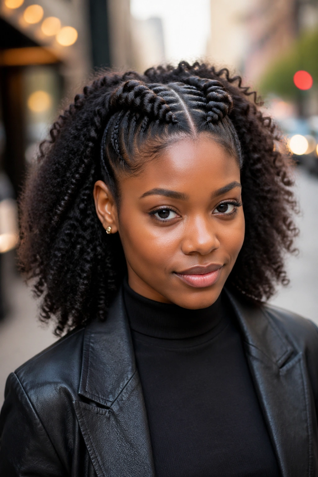 Close-up portrait of a real woman with two Dutch braids and full curls at the back