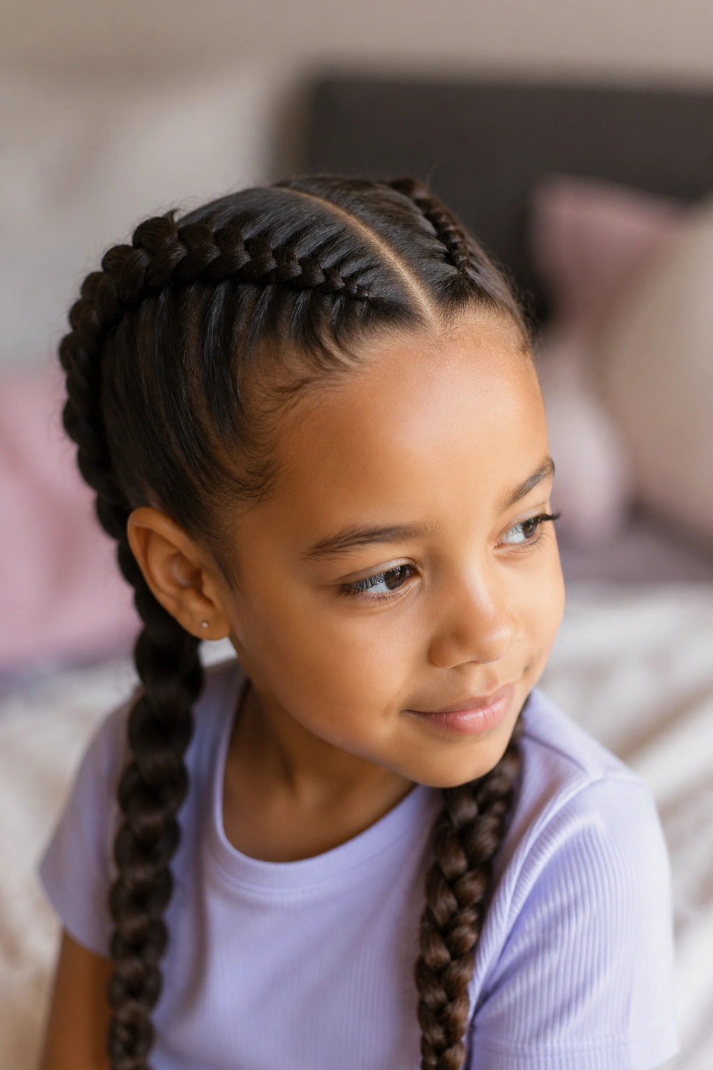 Child with two big Dutch braids in soft morning light