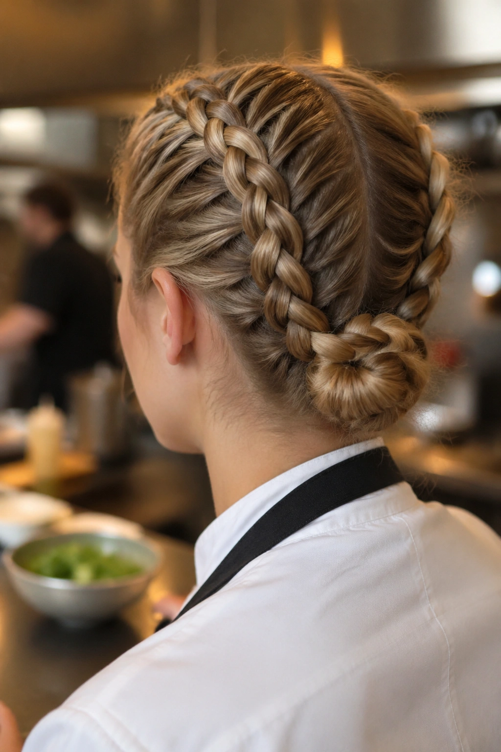 Close-up of a real person with two Dutch braids forming a low knot in warm backstage lighting