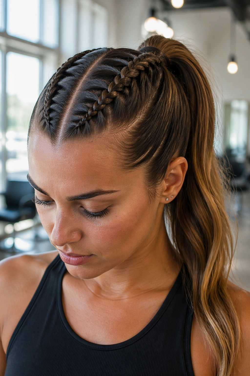 Real woman with Dutch braids framing a center-part ponytail in a bright salon