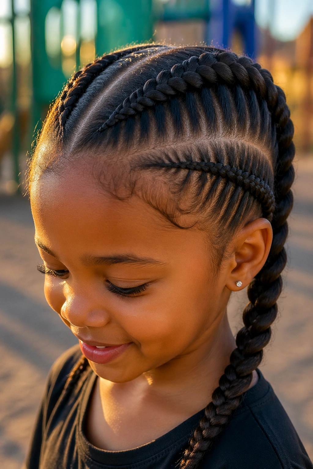 Child with two thick Dutch-style cornrows raised off the scalp.