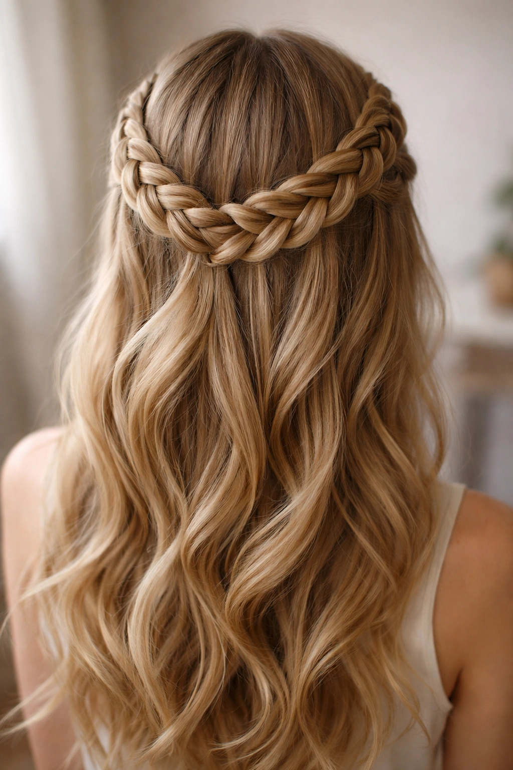 Dutch Crown Braid forming a halo around the crown in half-up style