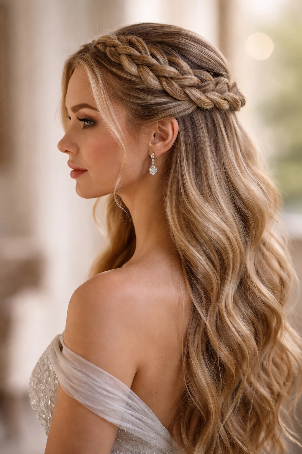 Dutch crown braid with a bit of height around the crown