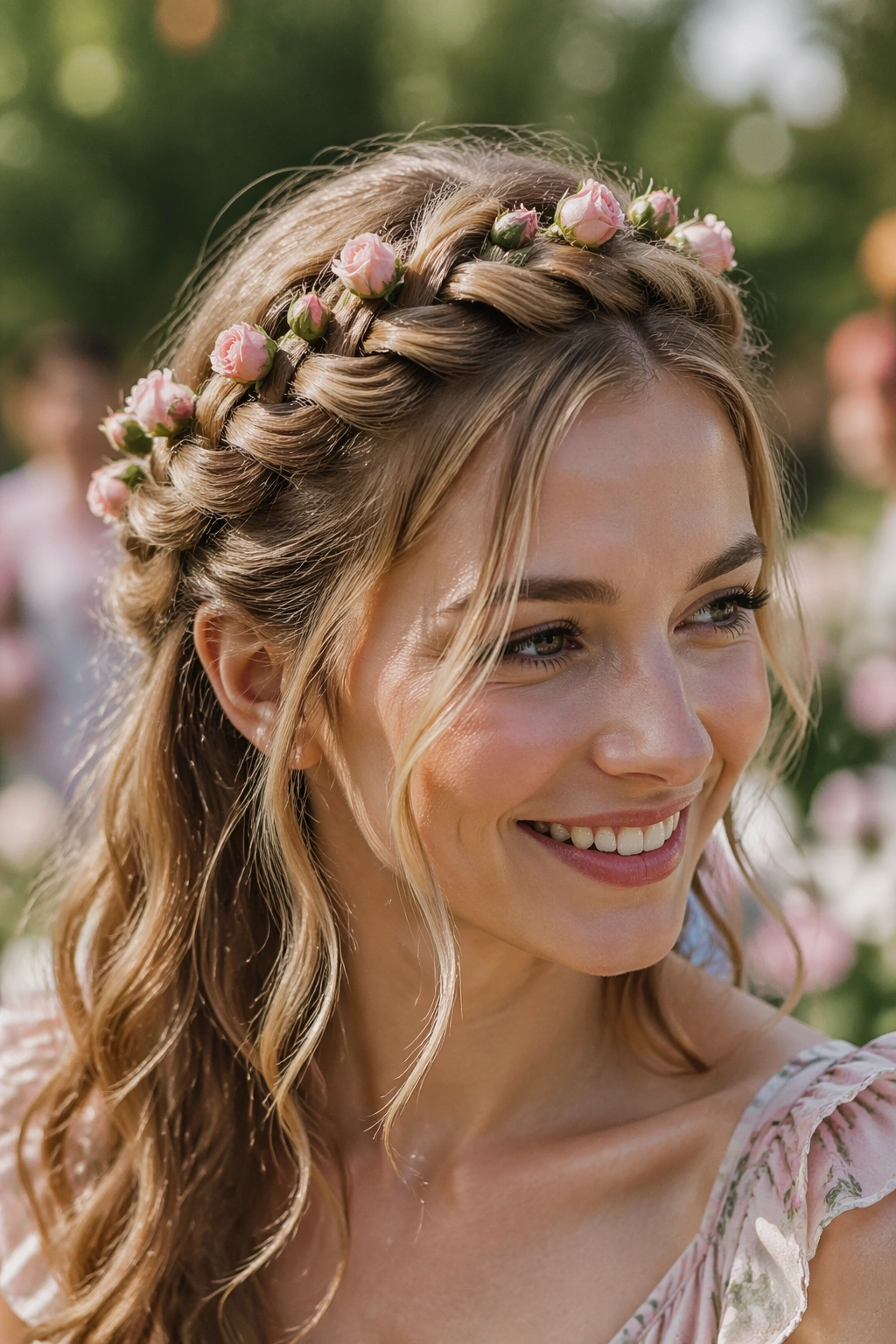 Close-up of a real woman with Dutch Crown Braid and rosebuds along the crown