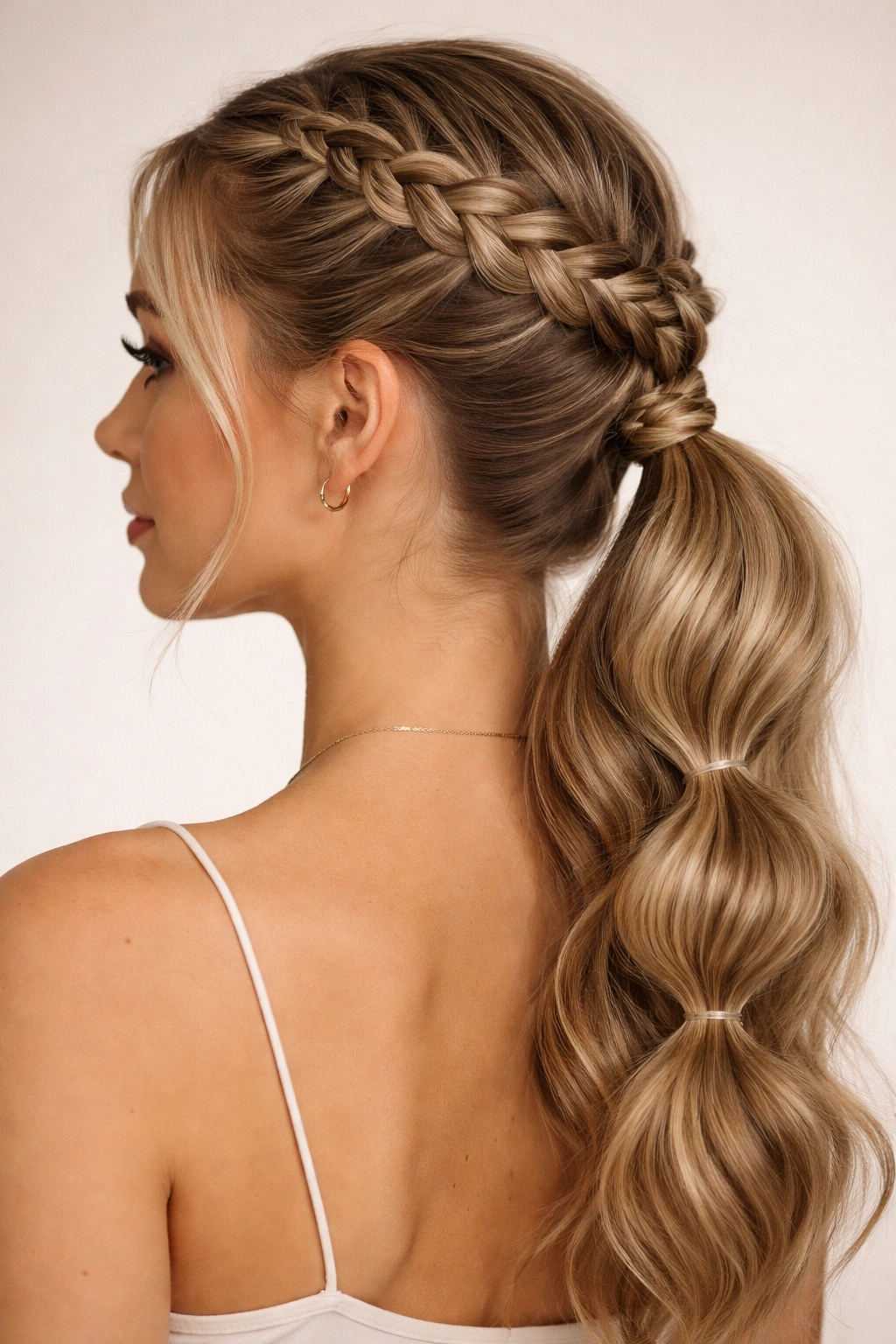 Dutch braid crown flowing into a low bubble ponytail