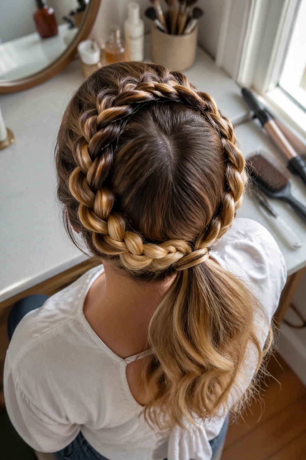 Dutch braid crown ponytail with ombre around head