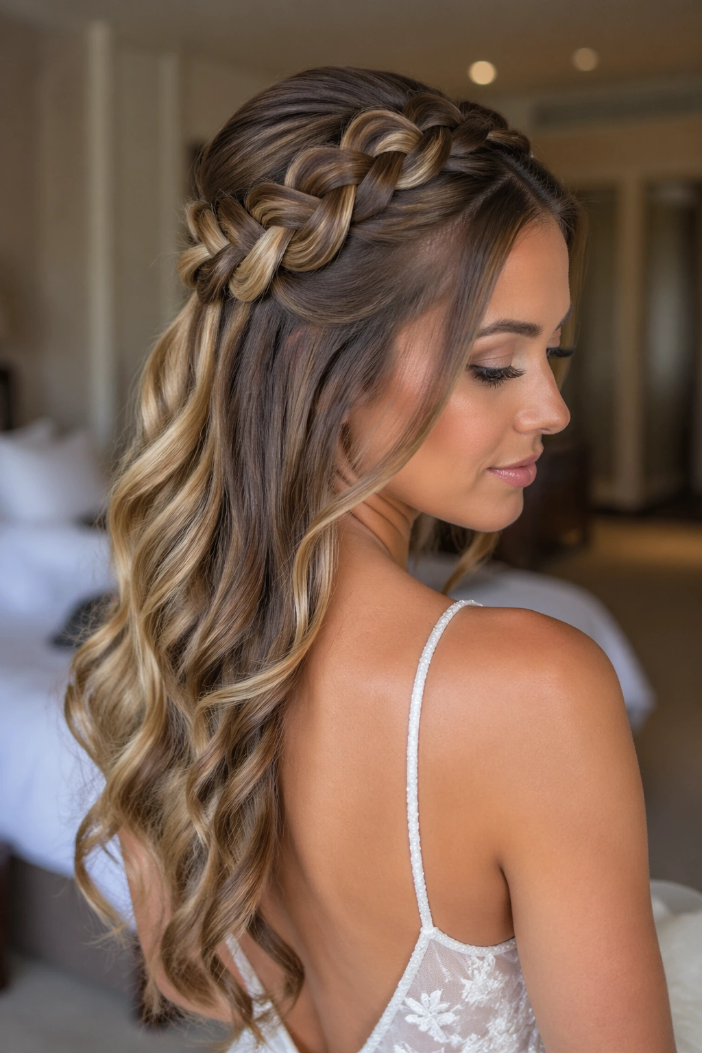 Close-up of a bride with a Dutch lace braid and polished ends