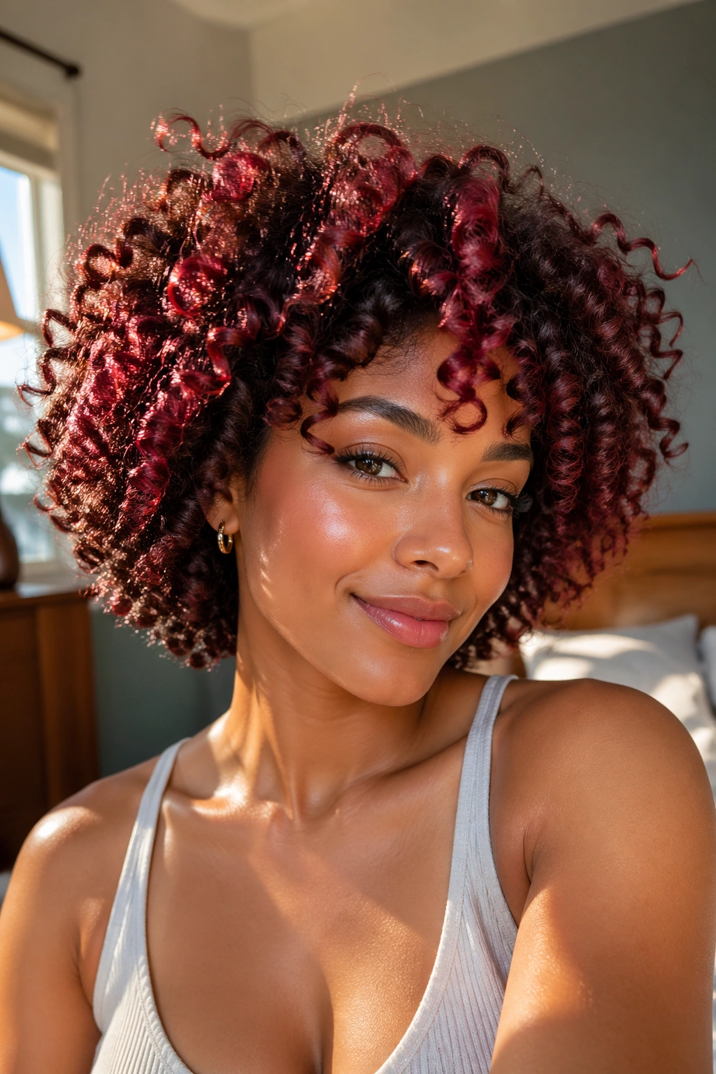 Close-up of a real woman with vibrant dyed curls catching warm window light.