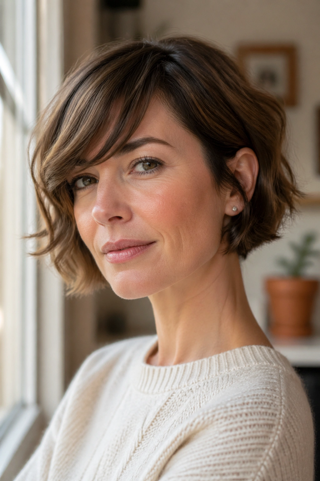 Close-up of a real woman with ear-length bob and side-swept fringe