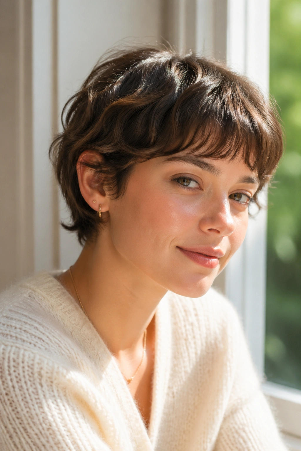 Close-up of real woman with ear-length crop and soft fringe in natural light