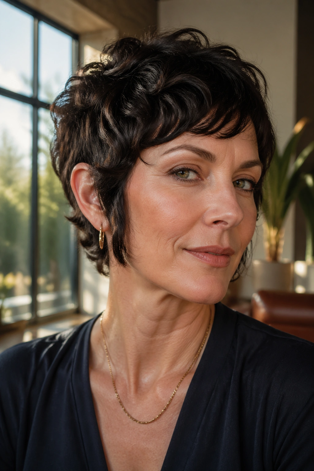 Portrait of a real woman with an ear-length crop and long sideburns in a warm indoor setting.
