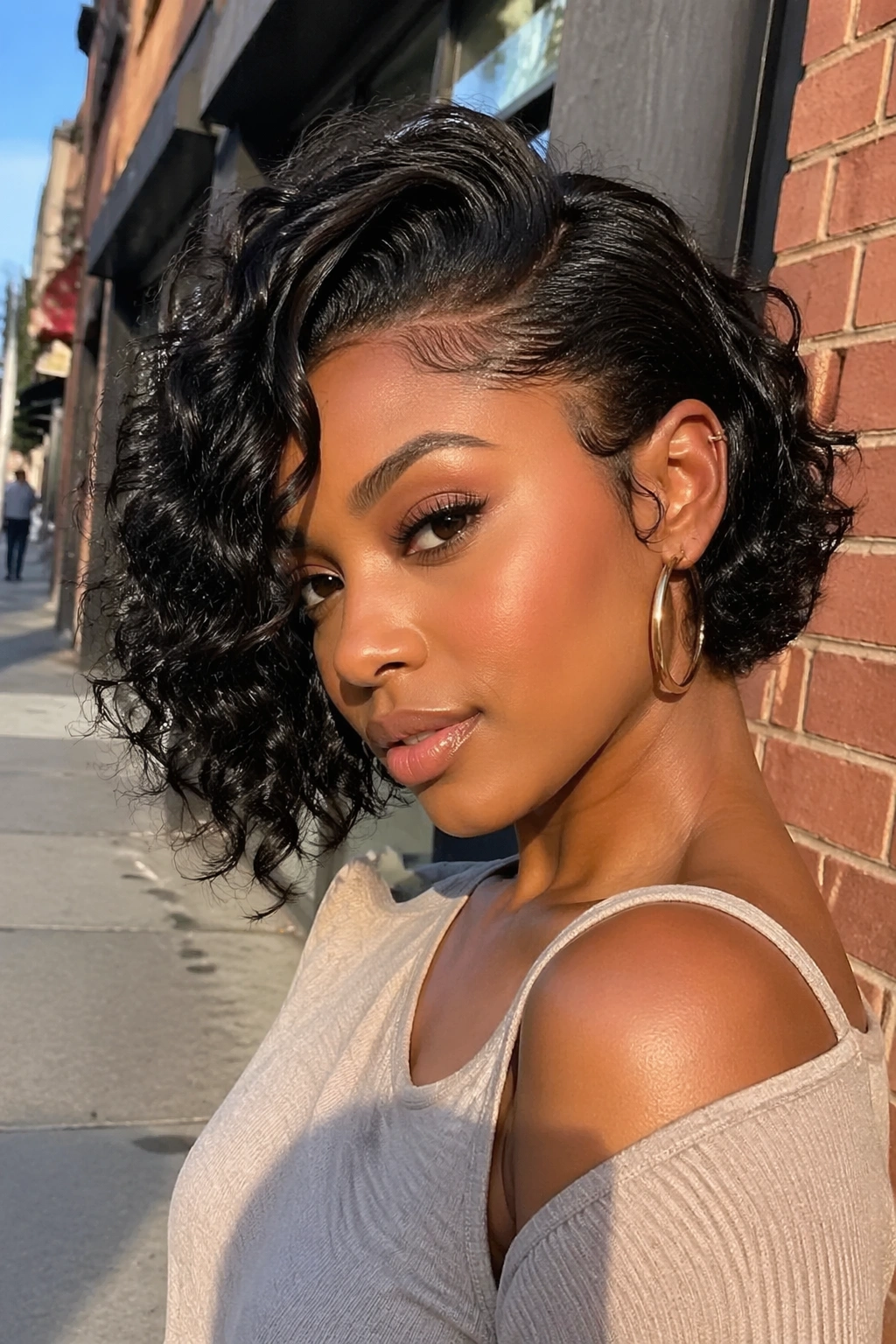 Side-swept ear-tuck wig on urban street