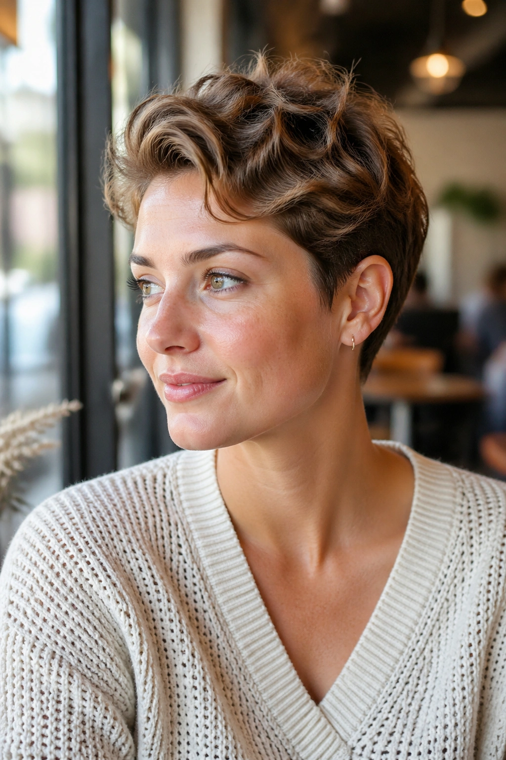 Portrait of a real woman with ear-tucked pixie, ears behind the ears and waves on top