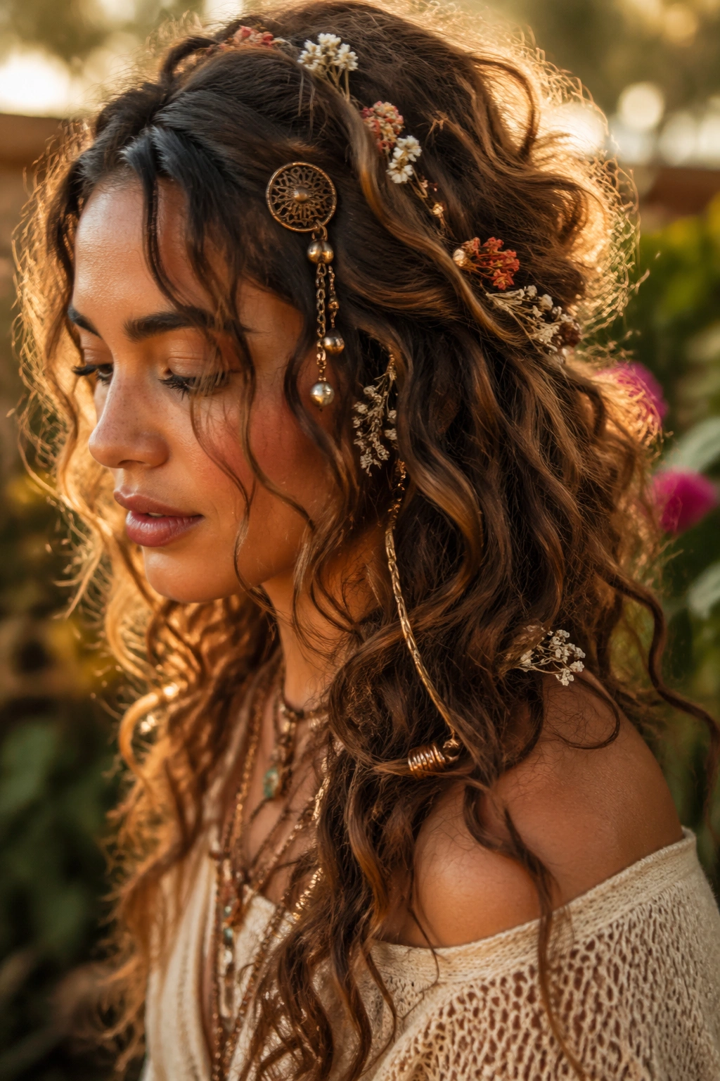 Portrait with earthy boho hair palette and copper/gold accents in golden hour light