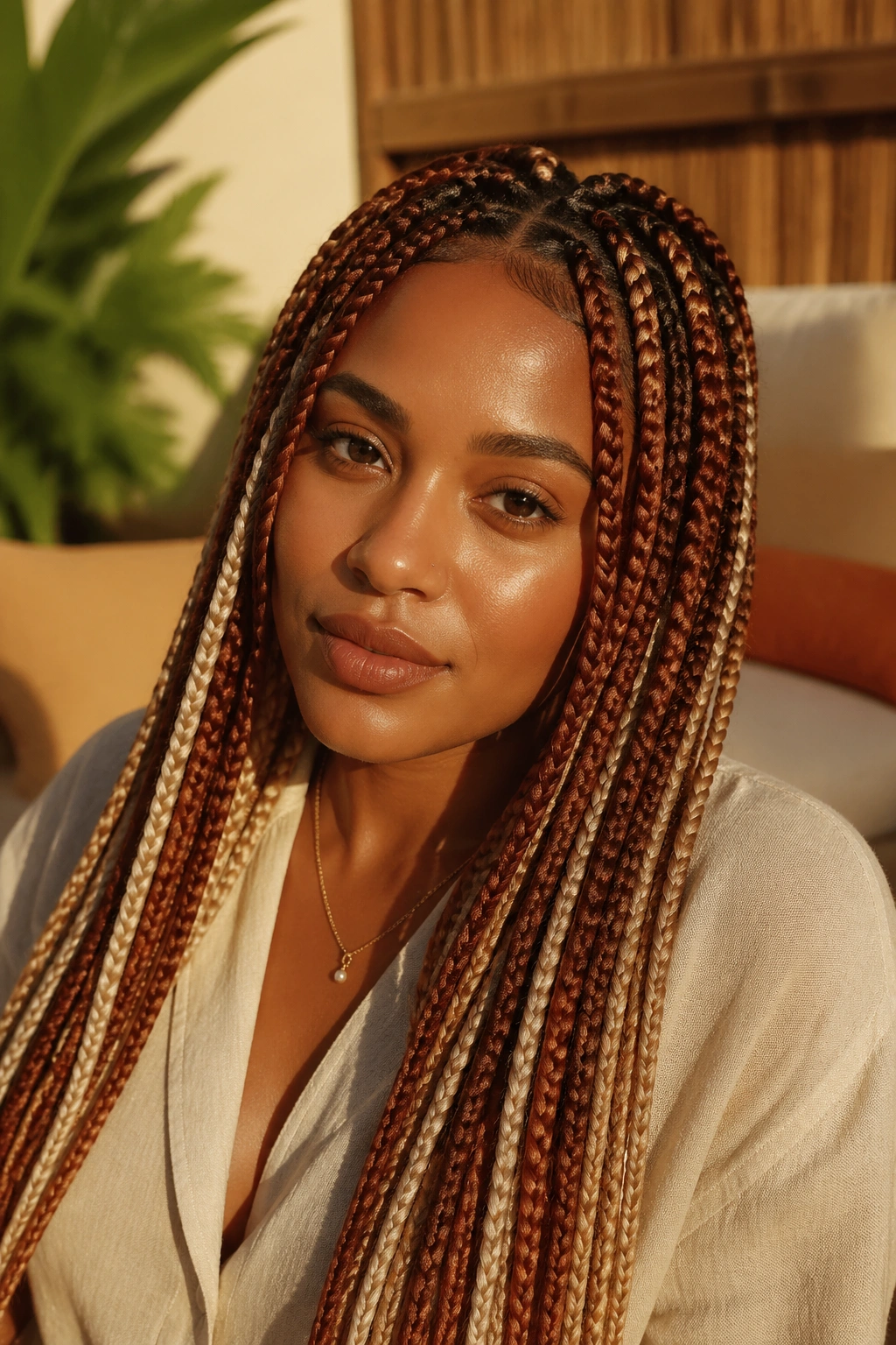 Close-up of a real person with earthy terracotta, clay, and sand braids