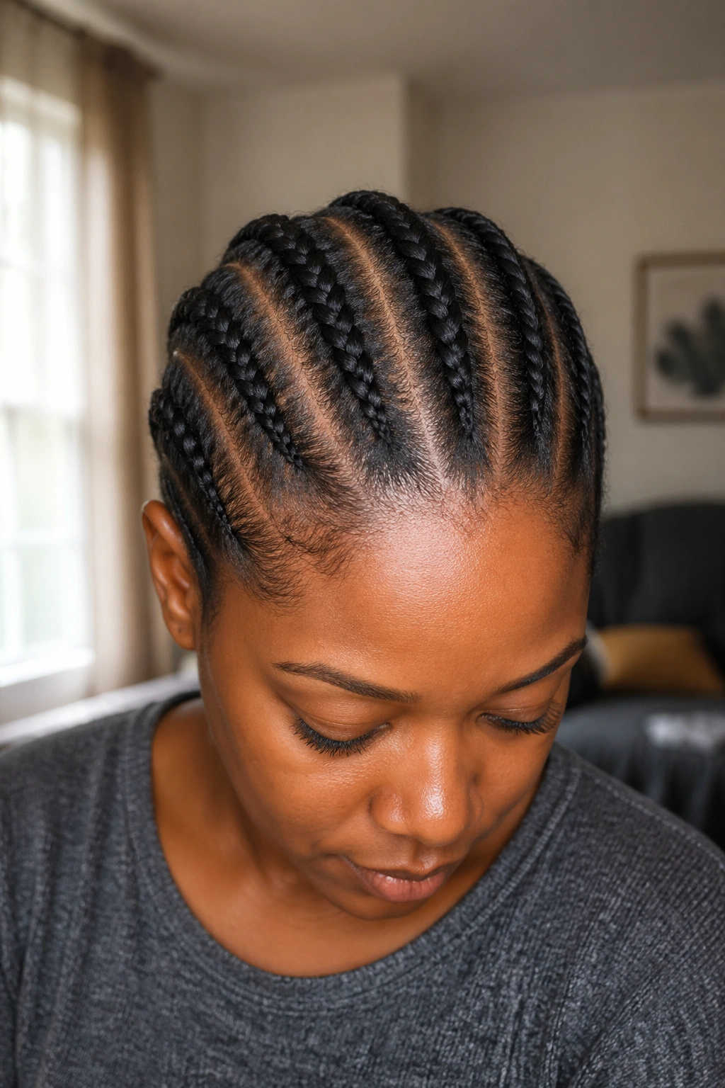 Close-up of a real Black woman's head with 4-6 simple cornrows