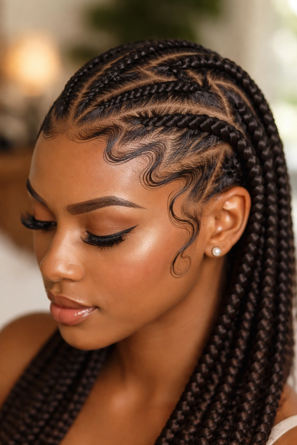 Real person with zigzag edge art along hairline.