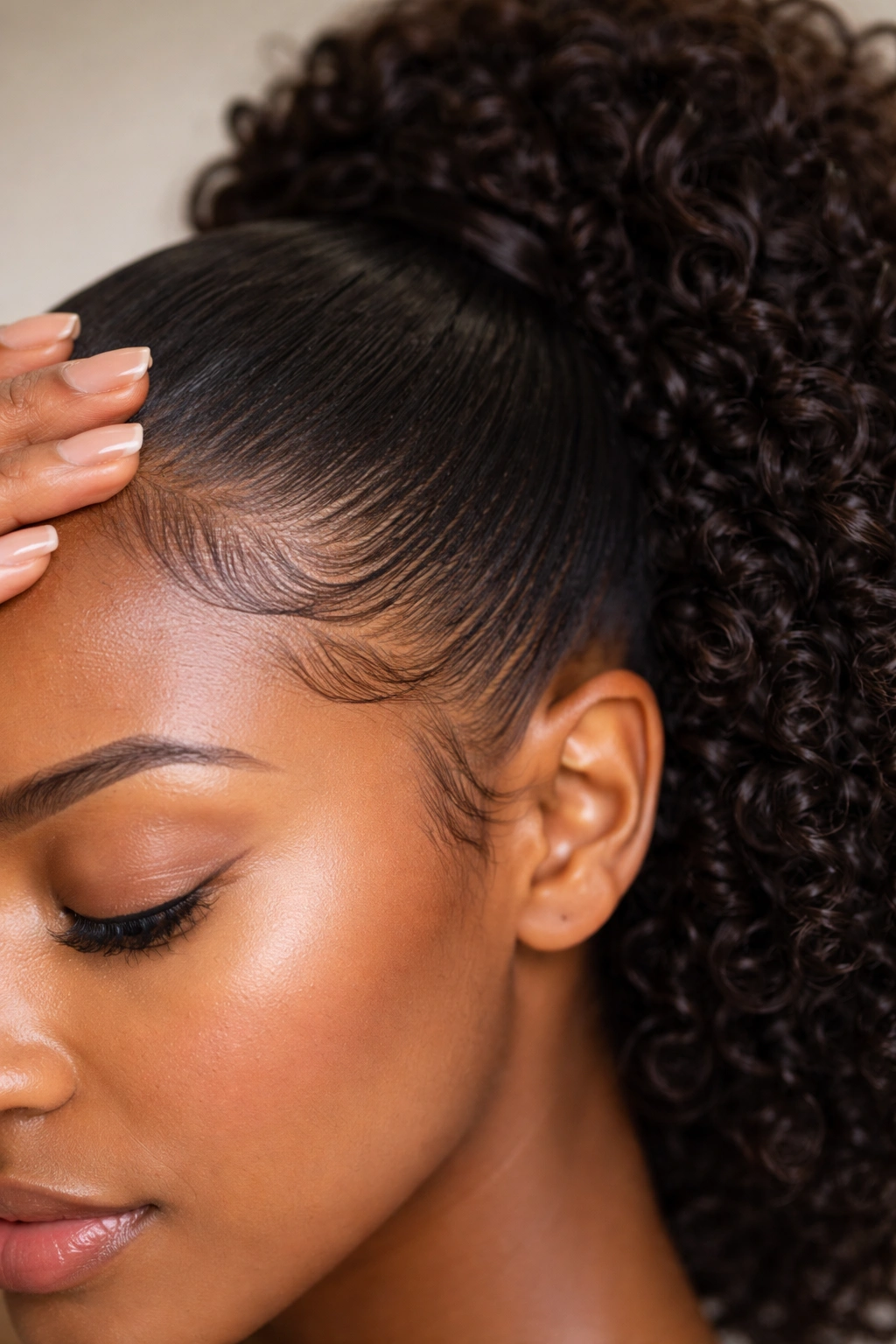Hairline with smoothed edges blending natural hair and clip-in extension