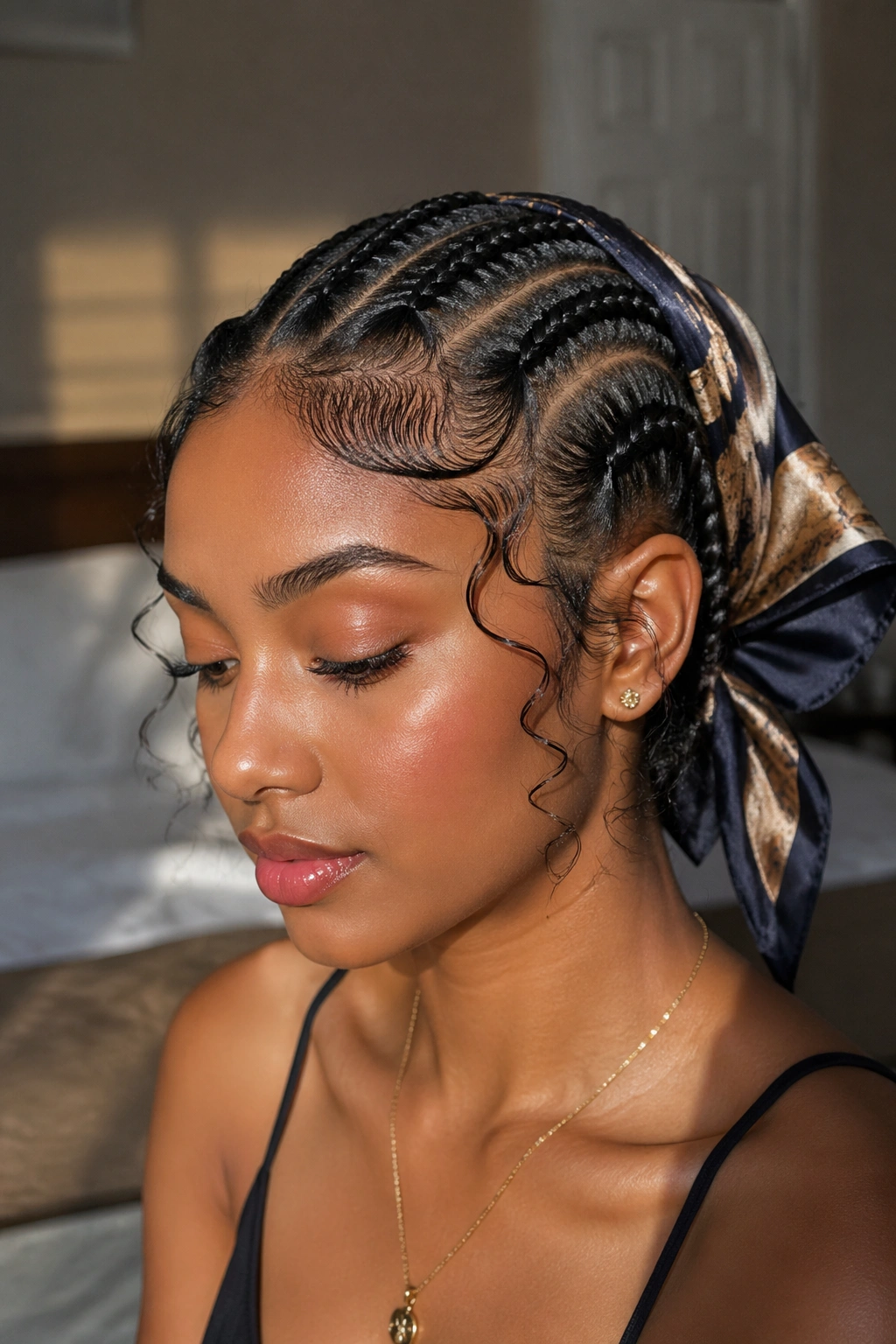 Close-up of a real woman's hairline with laid edges and wispy baby hairs in warm bedroom light