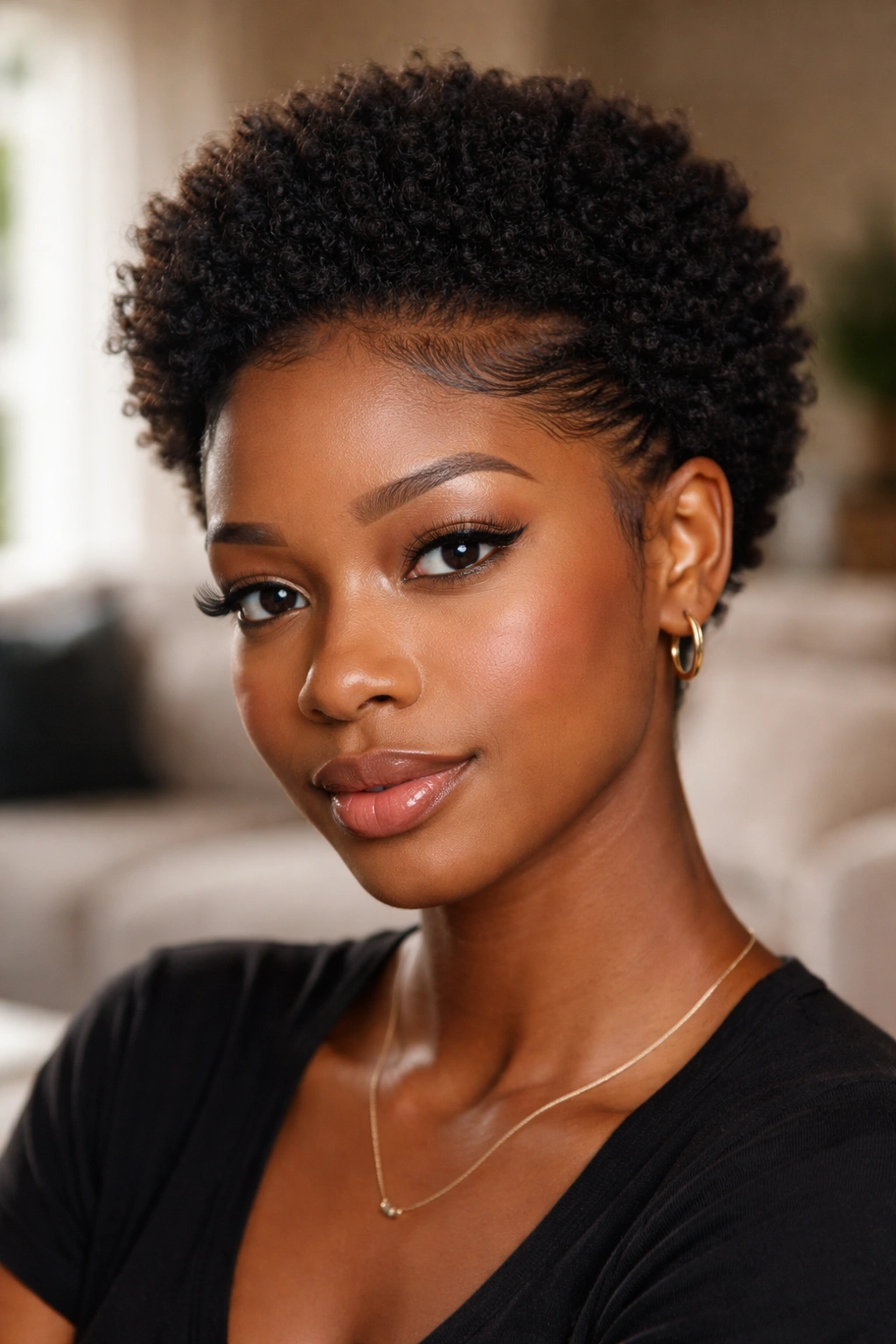Real person with a sleek front edge on a small Afro.