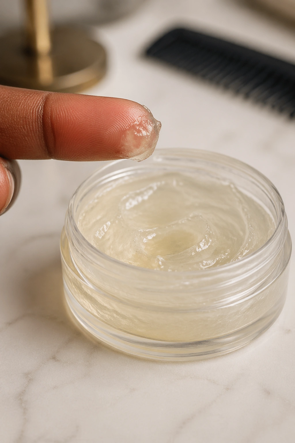 Close-up of edge control with sample on finger on a bathroom counter.