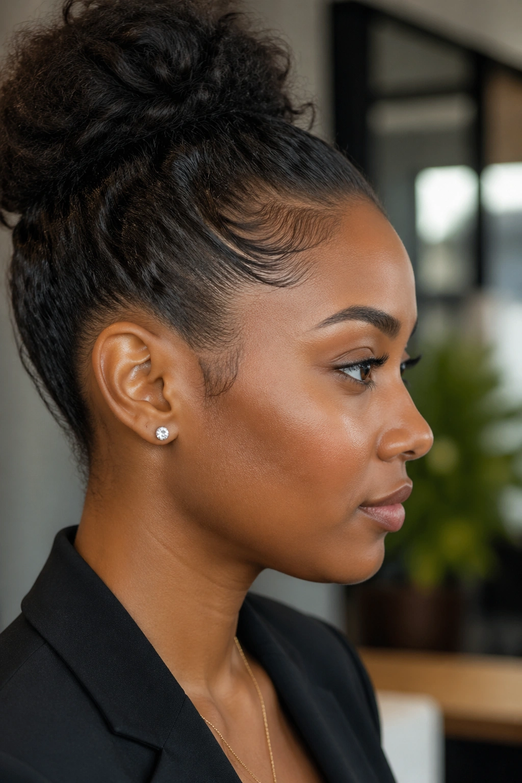 Close-up profile highlighting smooth, defined edges at the hairline