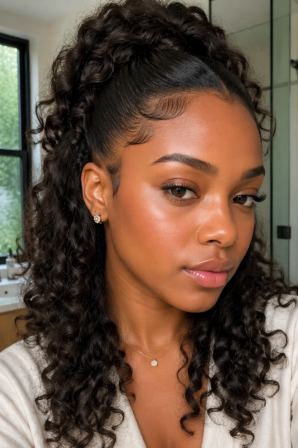 Close-up of a real woman showing defined edges along the hairline with light hold gel.