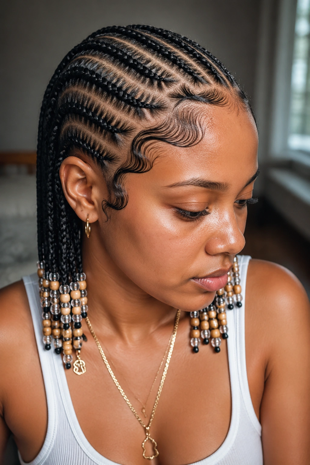 Close-up of real woman's hairline with edge designs and beaded ends
