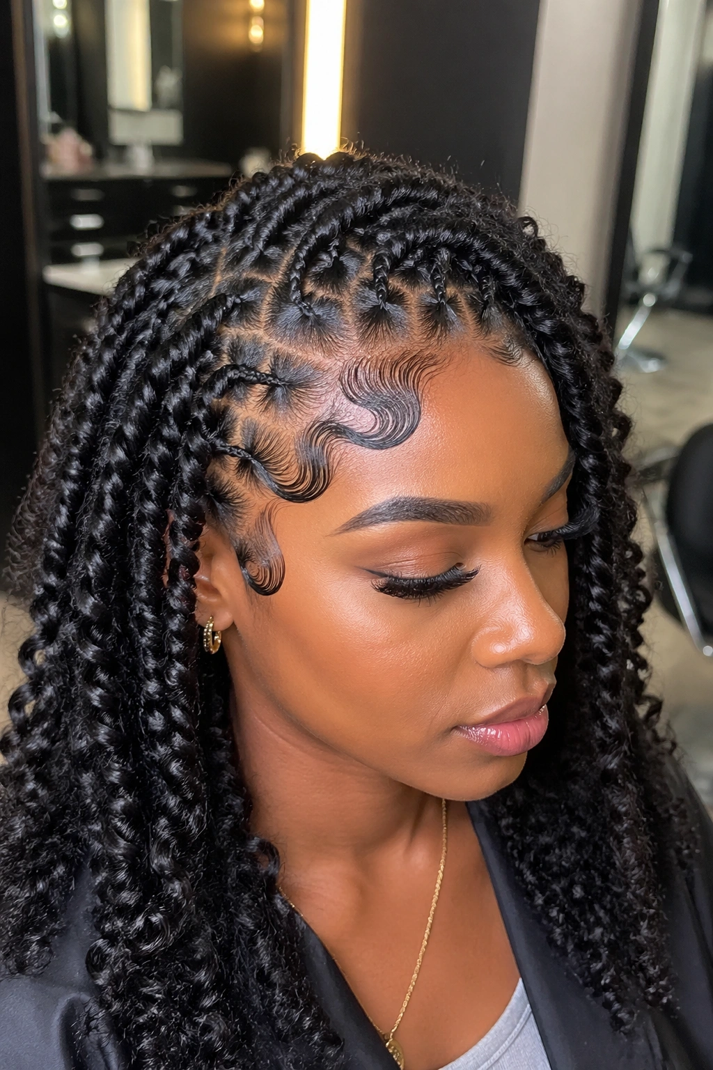Real person with perm twists featuring edge design along the hairline