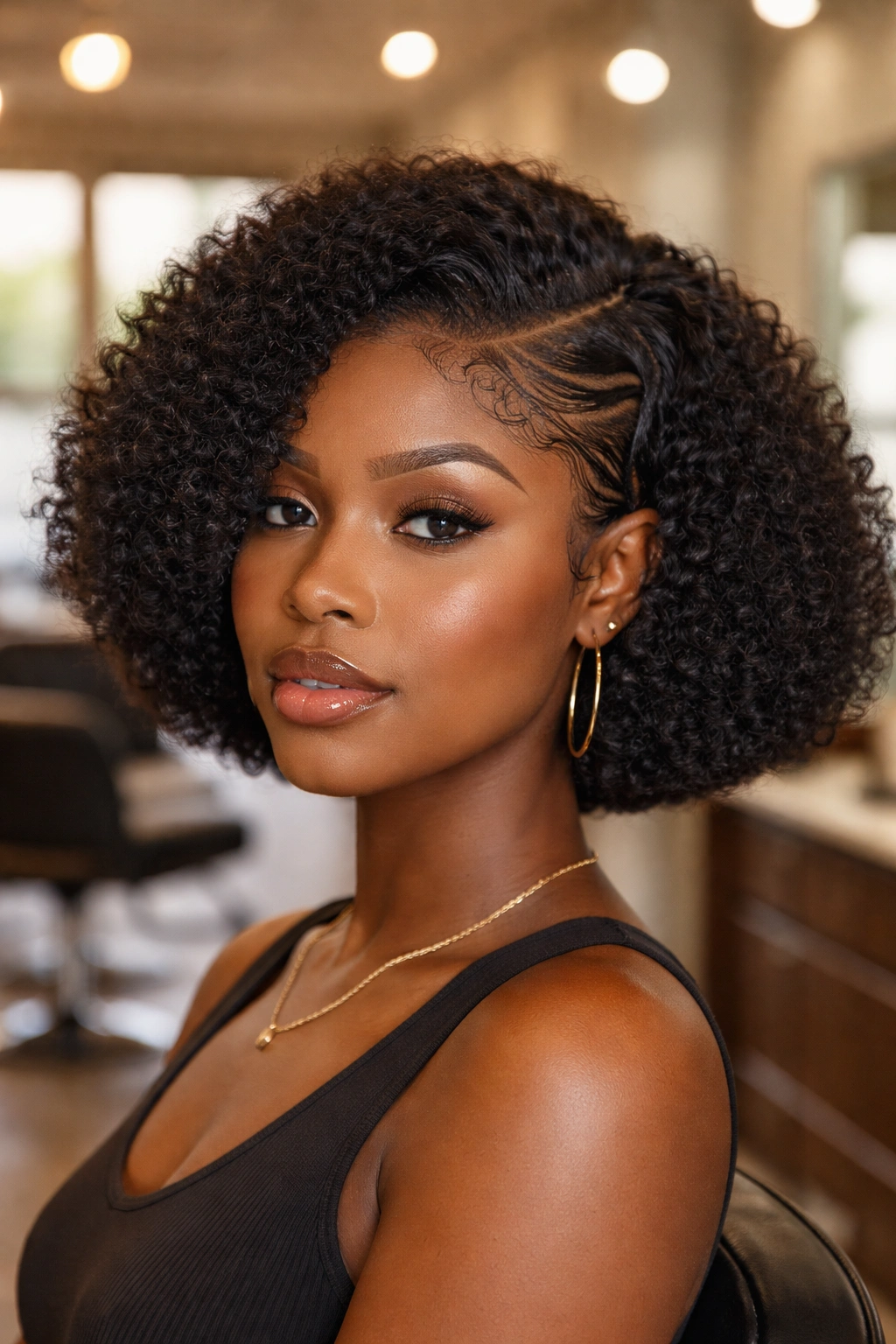 Close-up of a real woman's bob featuring edge designs along the hairline