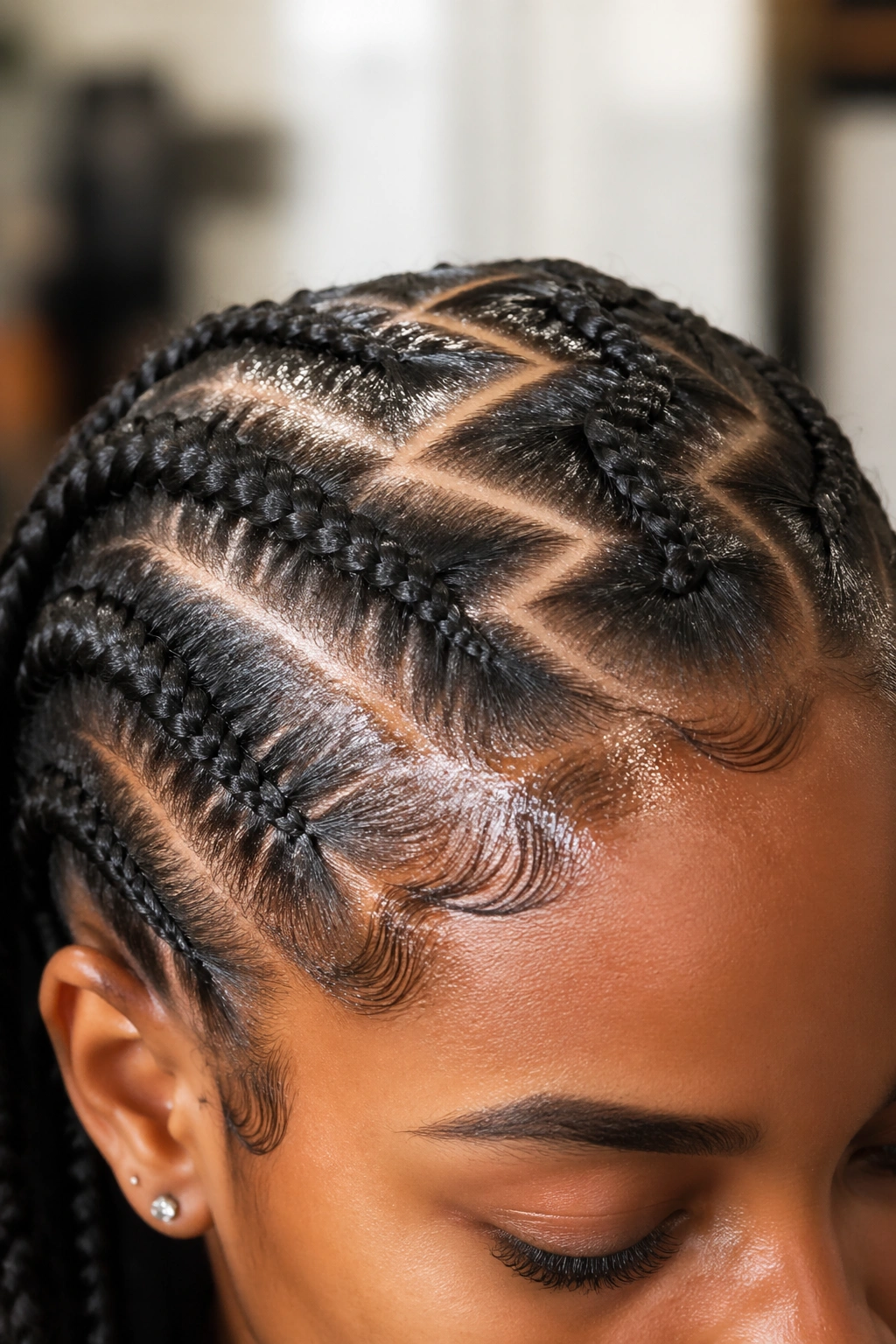 Close-up of zigzag prep with edge gel at the hairline on a real person's head.