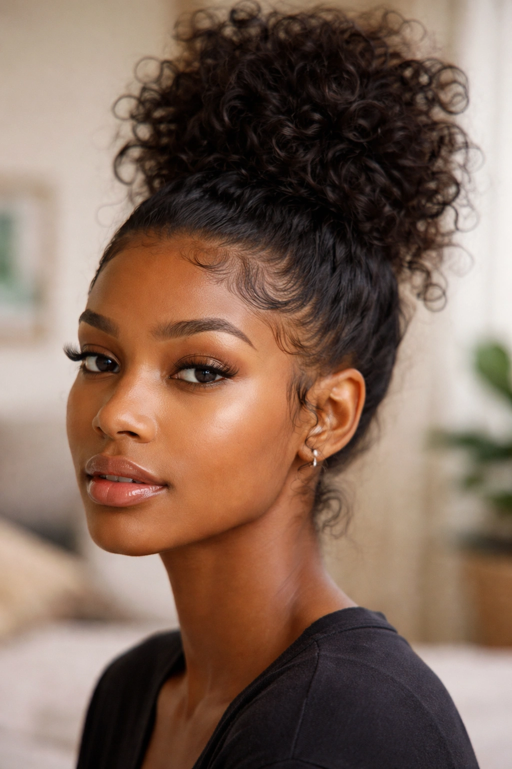 Close-up of a real woman with crisply laid edges and textured messy bun