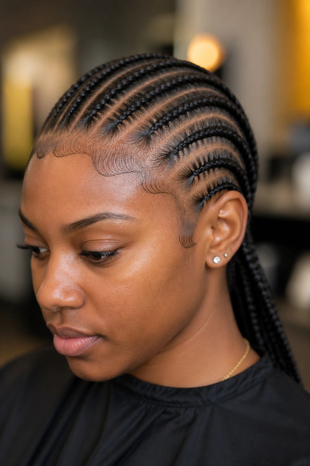 Portrait of a person with sleek, well-laid edges along the hairline for straight back cornrows.